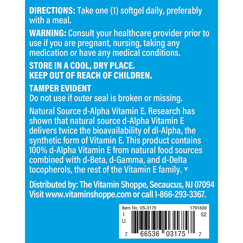 The Vitamin Shoppe Vitamin E 1,000IU - Antioxidant Support for Skin Health & Immune Function, Daily Vitamin (240 Softgels)