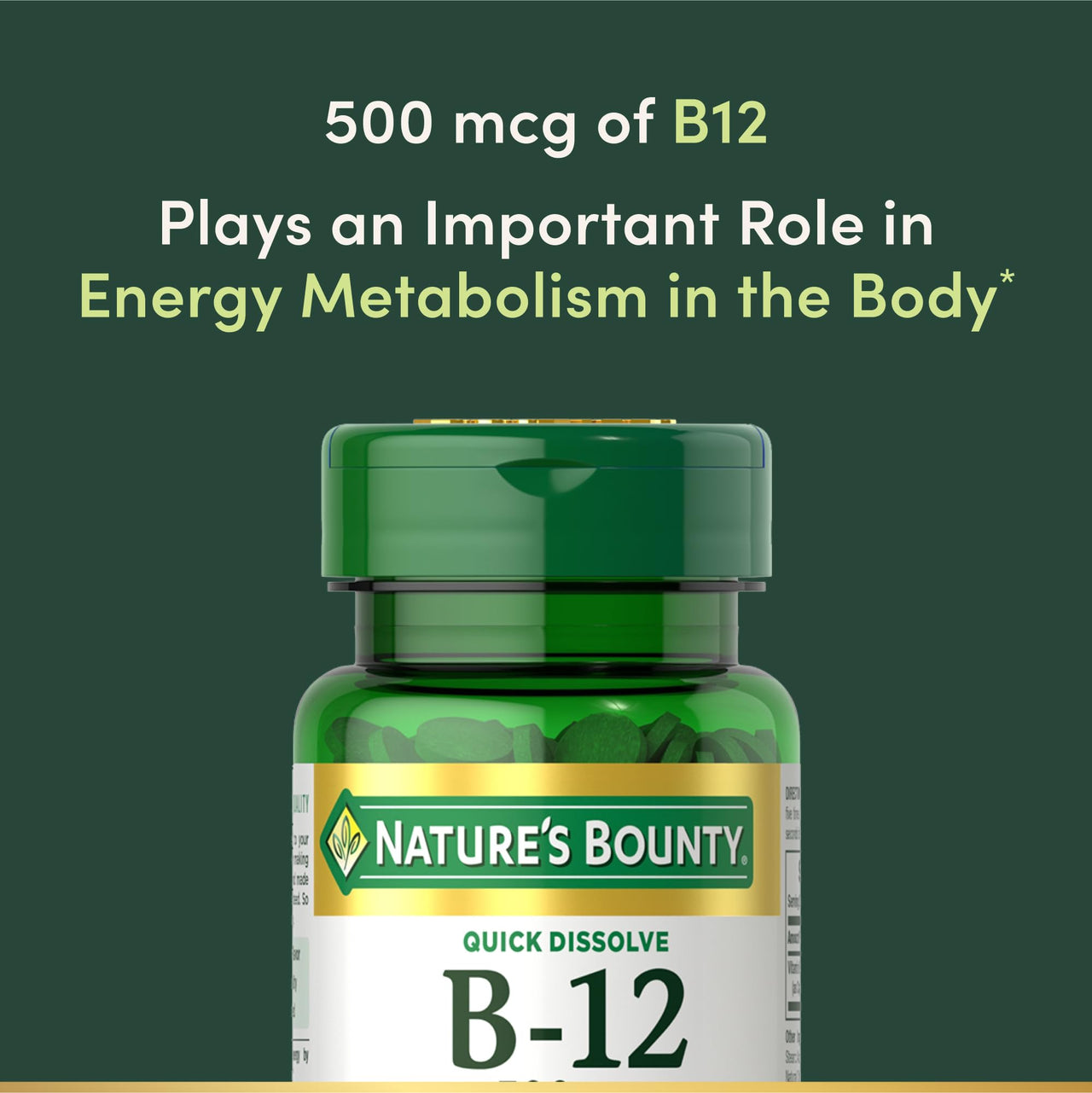 Nature's Bounty Vitamin B12, Supports Energy Metabolism and Nervous System Health, 500mcg, 100 Quick Dissolve Tablets