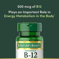 Thumbnail for Nature's Bounty Vitamin B12, Supports Energy Metabolism and Nervous System Health, 500mcg, 100 Quick Dissolve Tablets