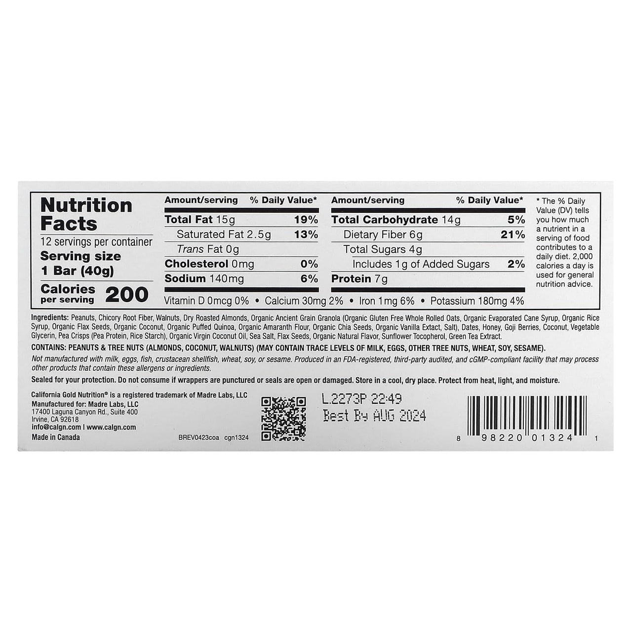 California Gold Nutrition Foods, Coconut Almond Chewy Granola Bars, 12 Bars, 1.4 oz (40 g) Each