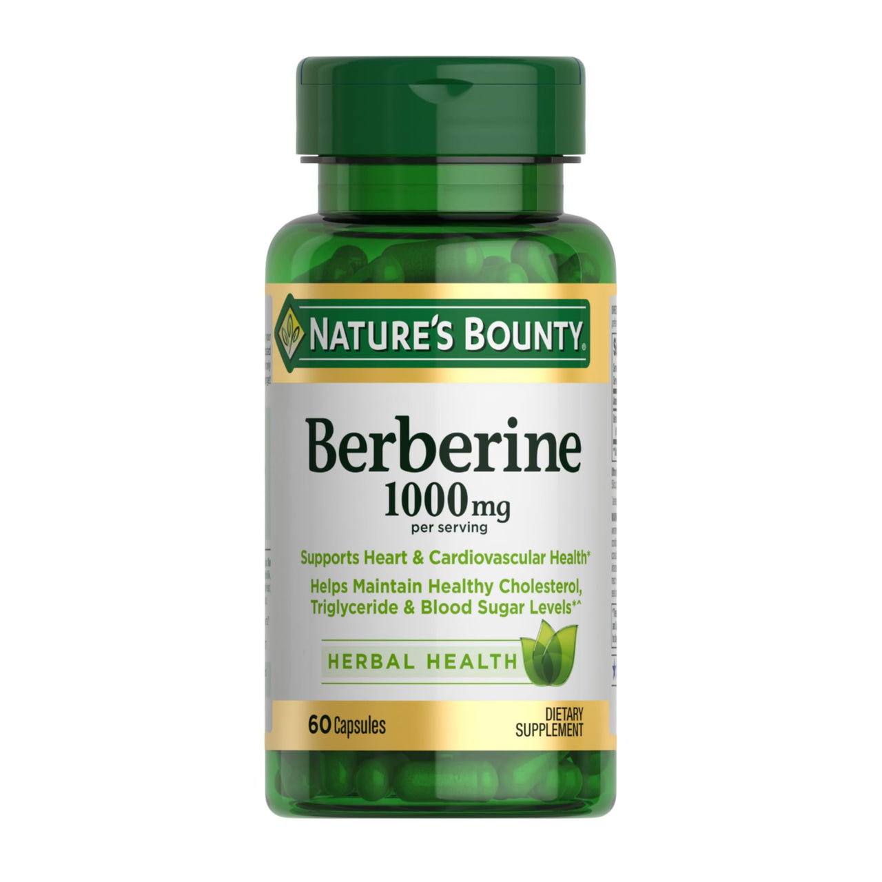 Nature’s Bounty Berberine 1000mg Capsules, Supports Heart Health, Cholesterol & Blood Sugar Levels in a Normal Range, Non-GMO Supplement, 60 Count