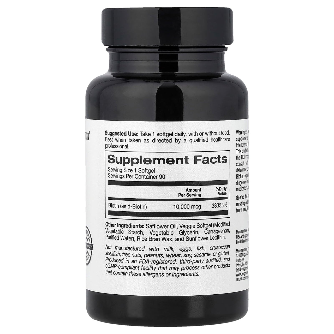 California Gold Nutrition Biotin, 10,000 mcg d-Biotin, for Healthy Hair, Nails & Skin, Non GMO, Suitable for Vegetarians, Gluten Free, 90 Veggie Softgels