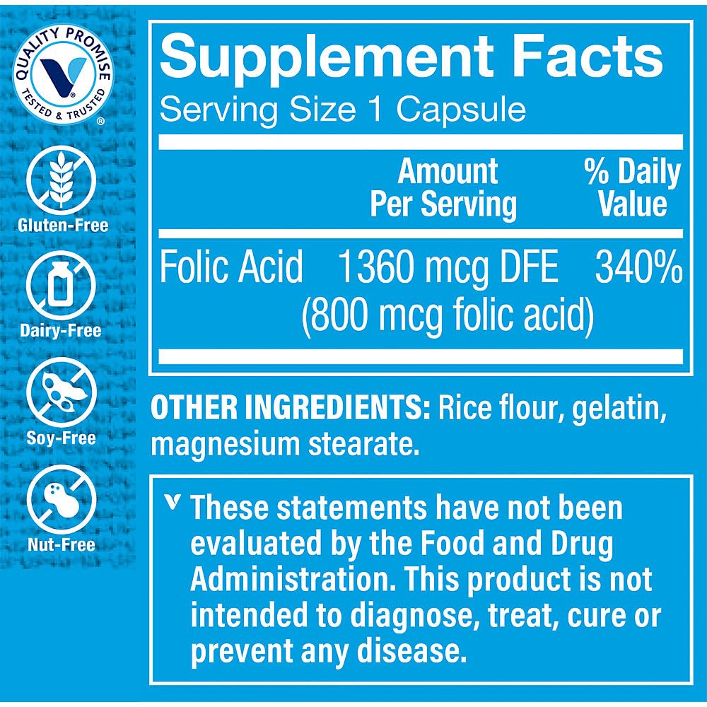 The Vitamin Shoppe Folic Acid 800MCG, Supports Prenatal Fetal (100 Capsules)