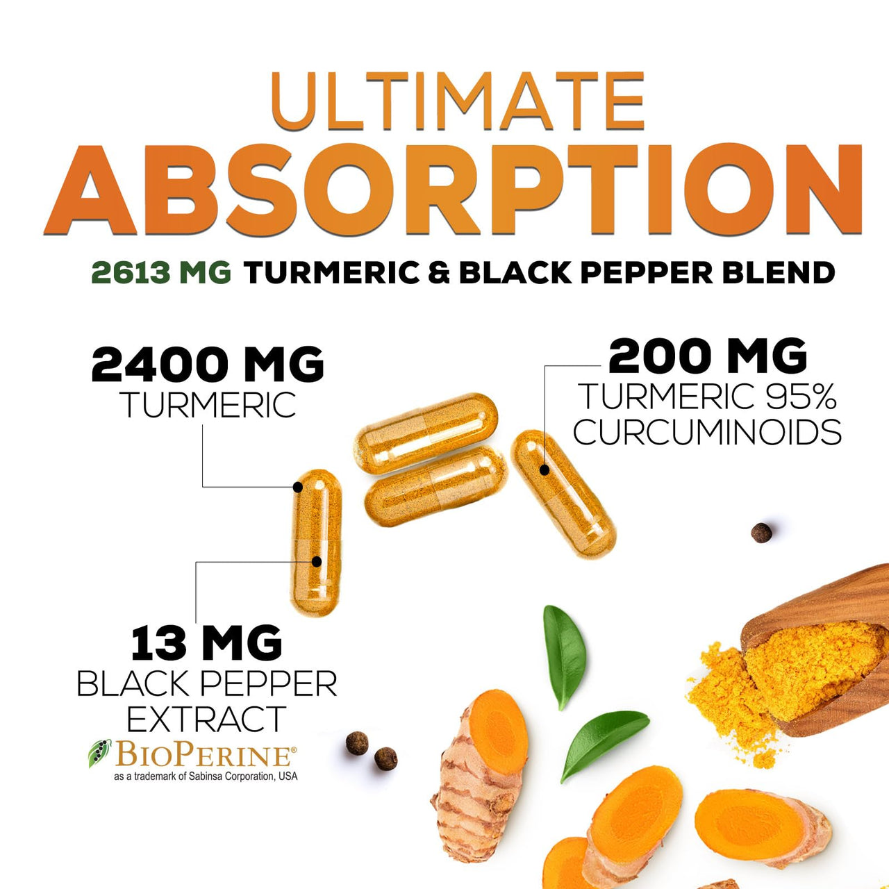 Turmeric Curcumin Supplement - 2400mg Organic Turmeric Per Serving - 95% Curcuminoids & BioPerine Black Pepper Extract for Best Absorption - Natural Vegan Joint Support, Bottled in USA - 240 Capsules