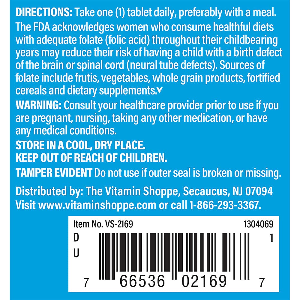 The Vitamin Shoppe Folic Acid 400MCG, Supports Prenatal Fetal (300 Tablets)