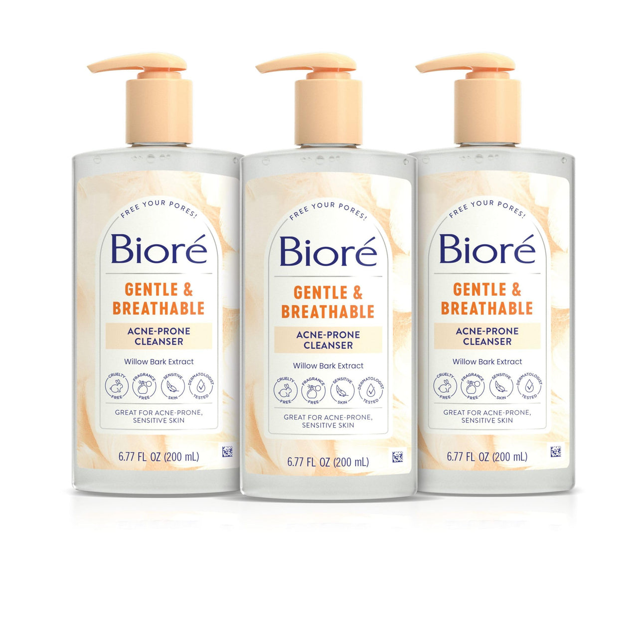 Bioré Gentle & Breathable Acne Face Wash, Gentle Face Cleanser for Sensitive and Acne Prone Skin, Infused with Willow Bark Extract to Clarify Skin, Fragrance Free, 6.77 Oz , Pack of 3