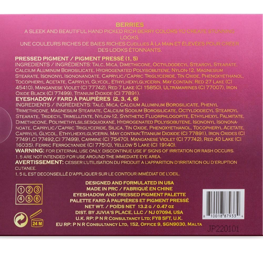 Juvia's Place Palette The Berries - Mauves, Deep Pinks, & Perfect Berry Hues, Professional Eye Makeup, Pigmented Palette for Eye Color & Shine, Pressed, Shades of 6