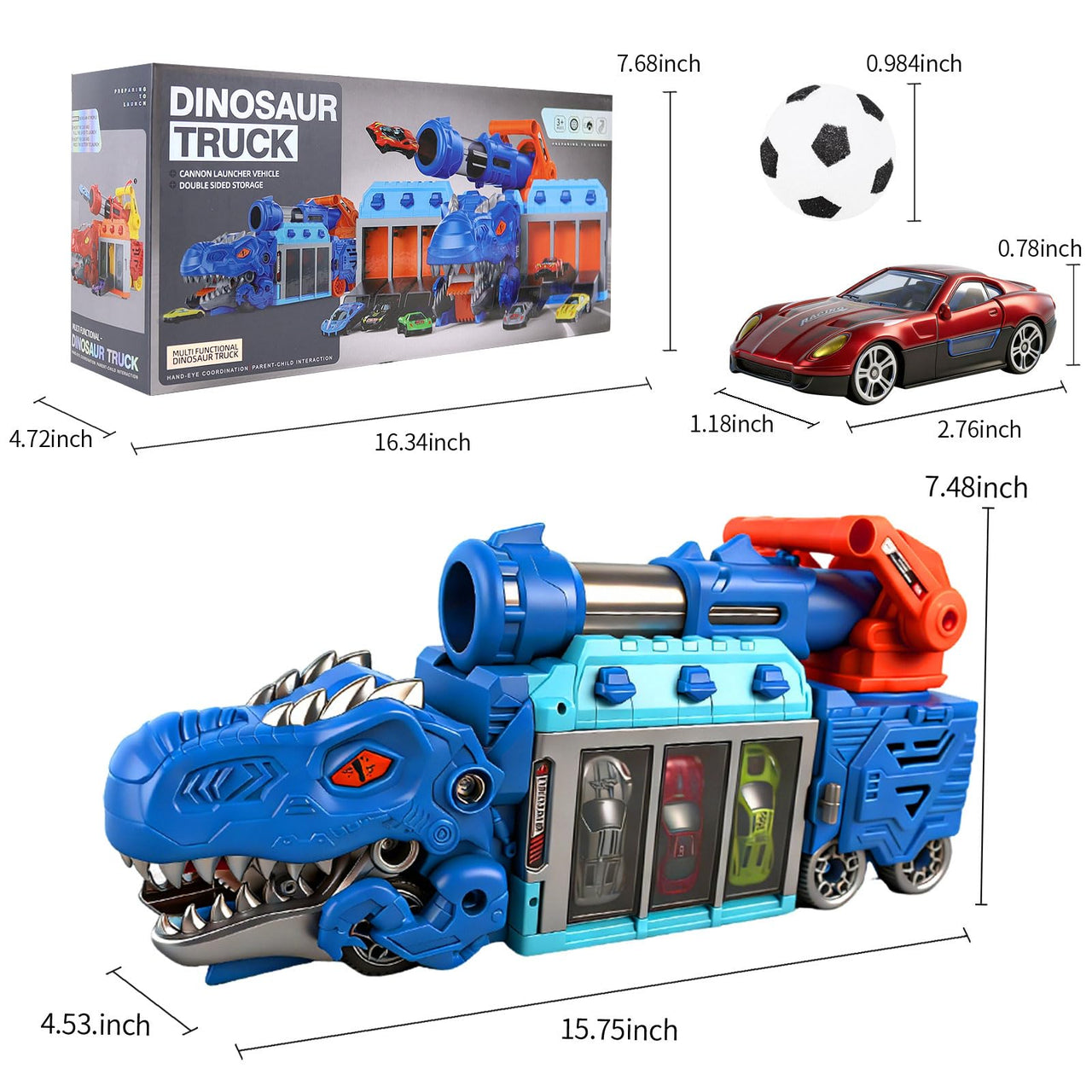 BYFWH Tyrannosaurus Rex Truck Toy, Ejection Shooting with 10 Cars & Storage Sturdy Non-Toxic Materials, Foldable Car Carrier, 10 Cars & 12 Soft Balls, Develops Motor Skills & Hand-Eye Coordination