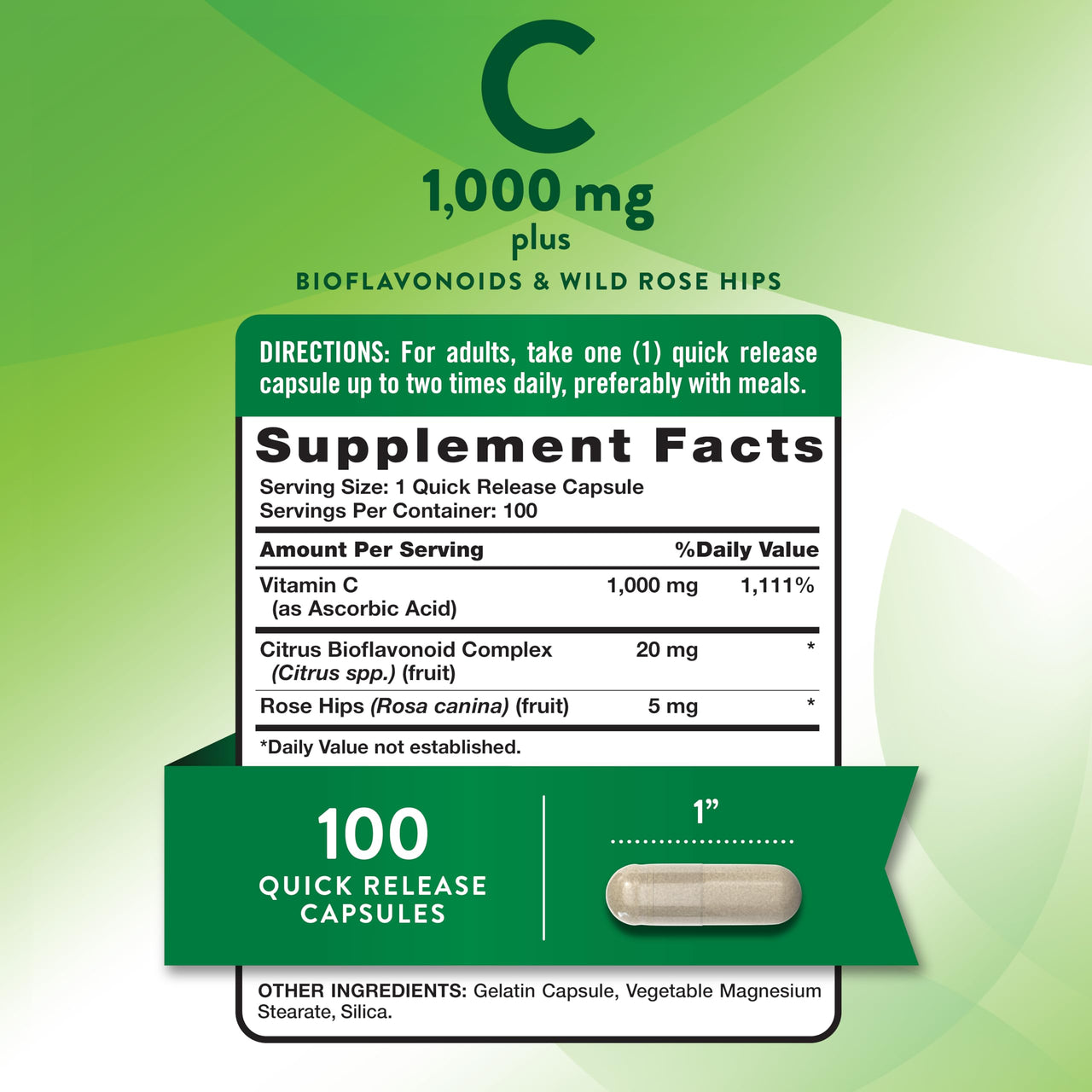 Nature's Truth Vitamin C 1000mg | 100 Capsules | with Wild Rose Hips & Bioflavonoids | Non-GMO & Gluten Free Supplement