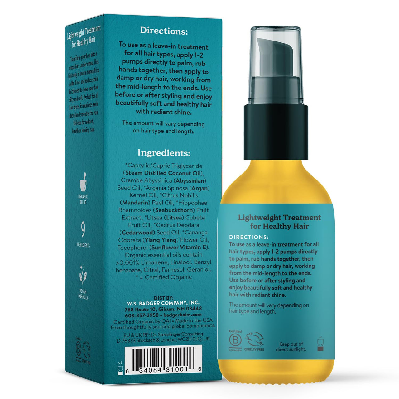 Badger Organic Argan Hair Oil, Ultra Light Dry Hair Oil for a Healthy Shine, Organic Abyssinian Oil, Moroccan Argan Oil & Coconut Oil Protect & Repair Hair, 2 fl oz Glass Bottle