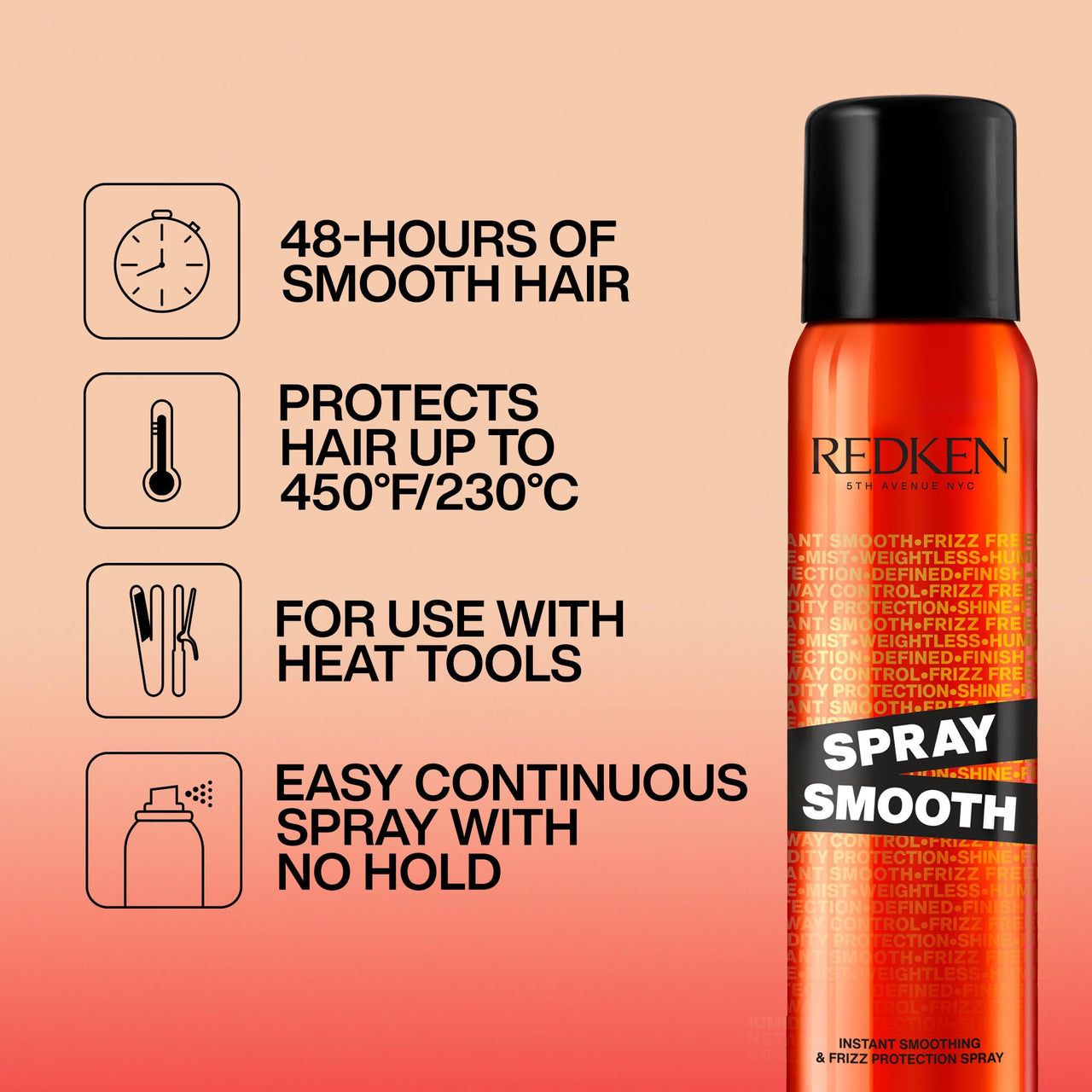 Redken Spray Smooth Anti Frizz Hair Spray | Frizz Control and Heat Protection | Instant Smoother | With Citric Acid | Paraben, Sulfate & Silicone-Free| 7.5 Oz