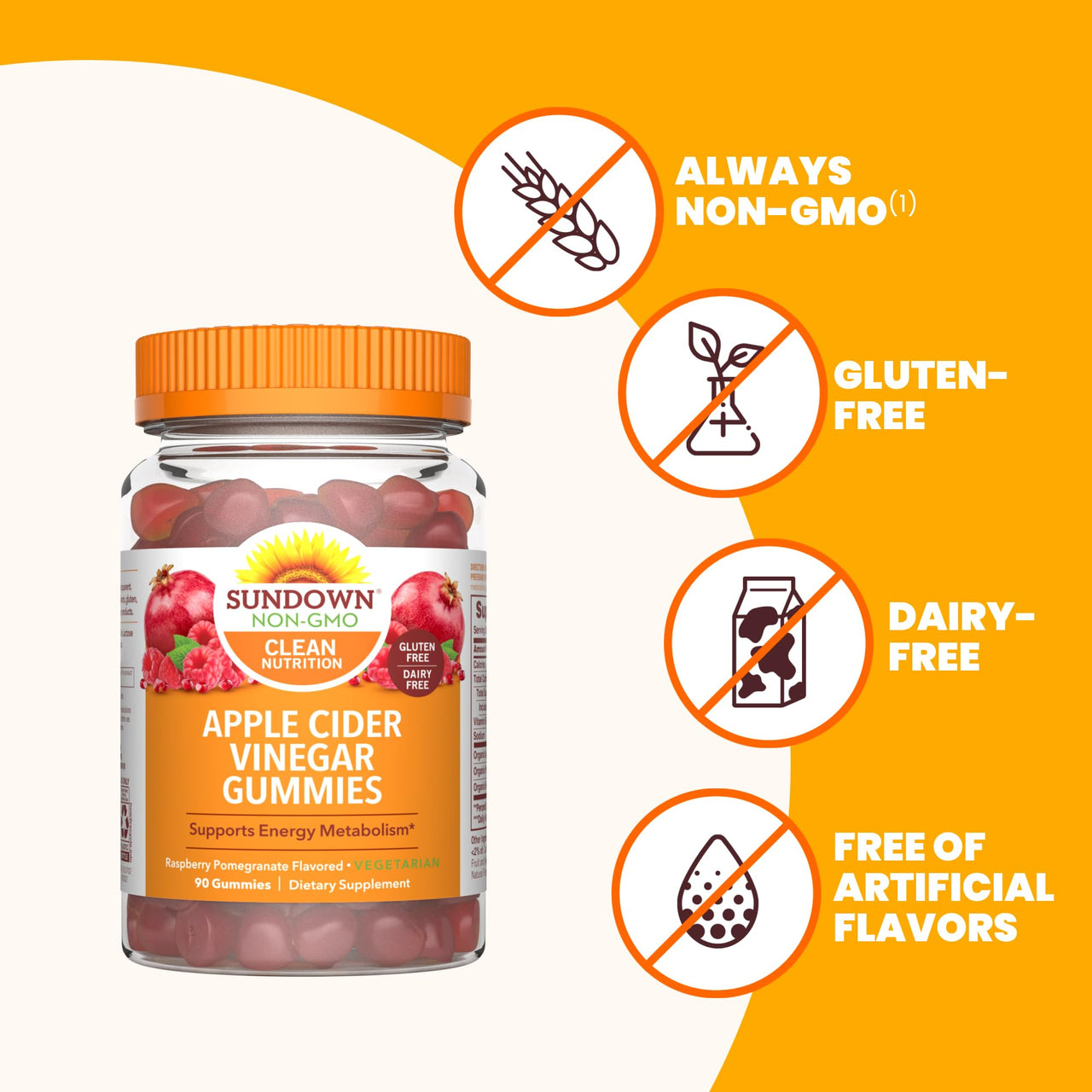 Sundown Apple Cider Vinegar Gummies, Supports Energy Metabolism, Raspberry Pomegranate Flavored, 90 Ct