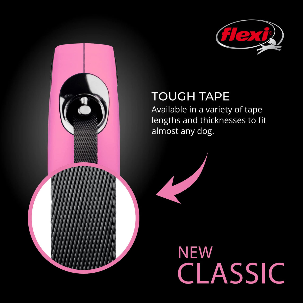 FLEXI New Classic Tape Retractable Dog Leash for Medium Dogs Upto 55 lbs. – 16 ft., Pink | Tangle Free Pet Walking Leash with One-Handed Brake, Pause, Lock | German Quality Product