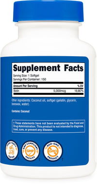 Thumbnail for Nutricost Biotin (5,000mcg) 150 Softgels - Vitamin B7 - Gluten Free, Non-GMO