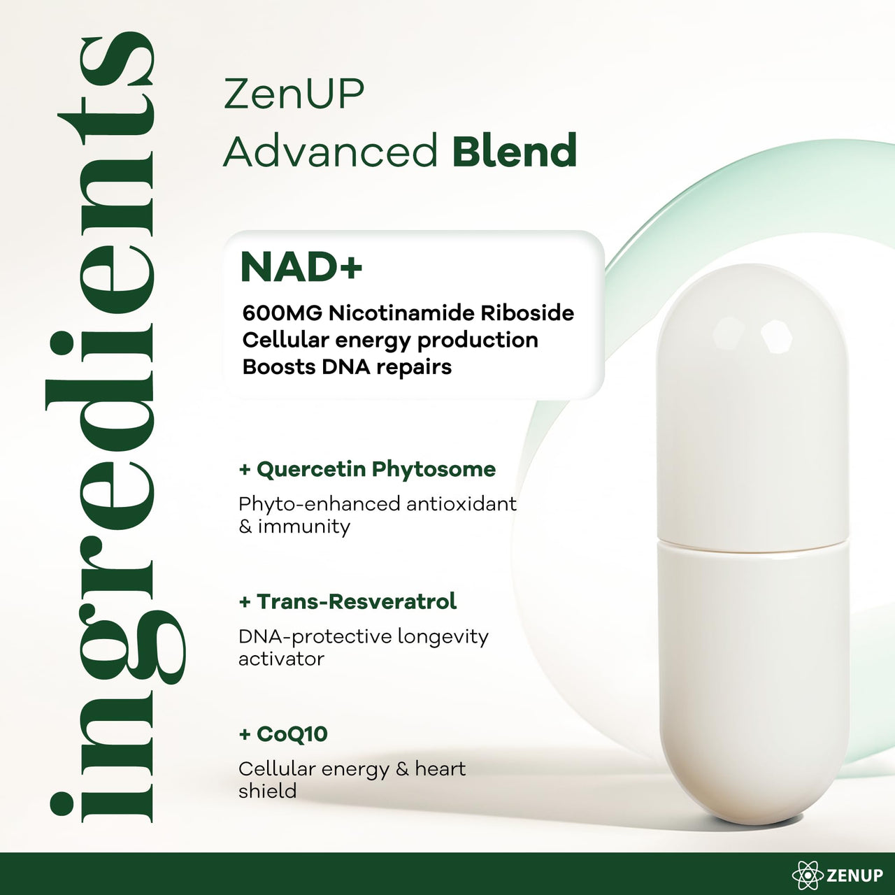 ZenUP NAD+ Supplement | 1100mg Liposomal Nicotinamide Riboside with Resveratrol & Quercetin | Anti-Aging, Cellular Energy, Mental Focus | 120 Caps