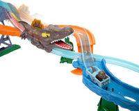 Thumbnail for Hot Wheels Toy Car Track Set, RacerVerse Jurassic World Crash & Splash Playset with Die-Cast Velociraptor Vehicle, Dinosaur Race with Spinosaurus