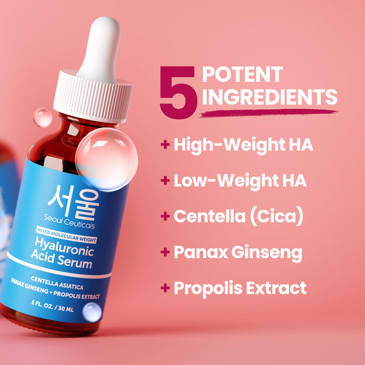 SeoulCeuticals Korean Hyaluronic Acid Serum For Face - High Molecular Weight & Low Molecular Weight Hyaluronic Acid - Centella Serum + Propolis. 1oz