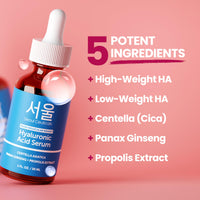 Thumbnail for SeoulCeuticals Korean Hyaluronic Acid Serum For Face - High Molecular Weight & Low Molecular Weight Hyaluronic Acid - Centella Serum + Propolis. 1oz