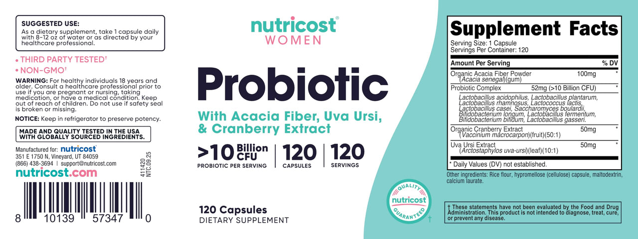 Nutricost Probiotic for Women 10 Billion CFU, 120 Capsules - Complex with Acacia Fiber, Uva Ursi & Cranberry Extract, Non-GMO & Gluten Free