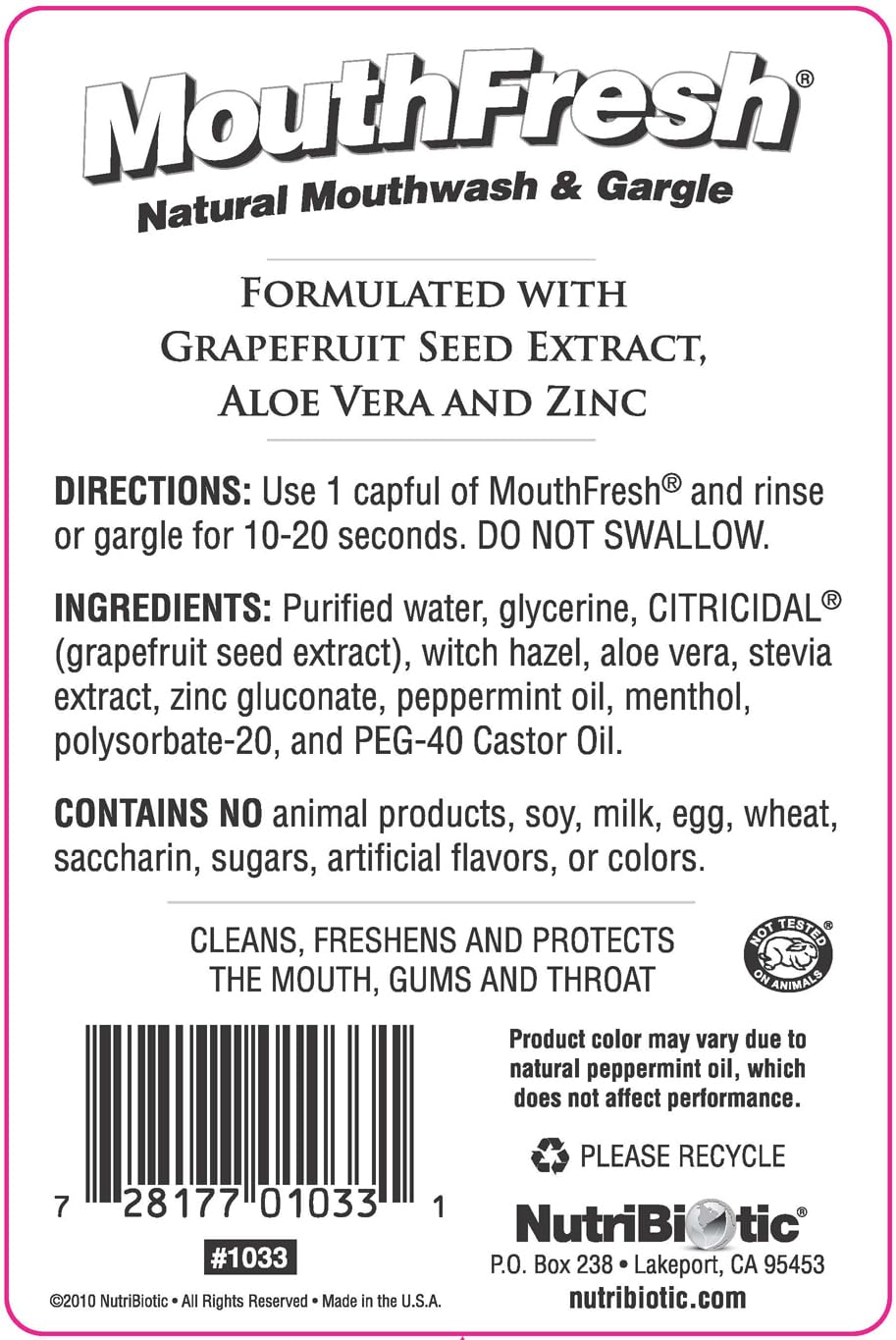 NutriBiotic MouthFresh, Refreshing Peppermint 16 Oz. Twin Pack | Natural Mouthwash & Gargle with Grapefruit Seed Extract, Aloe, Zinc & Witch Hazel | Fluoride-Free & Made Without GMOs & Gluten