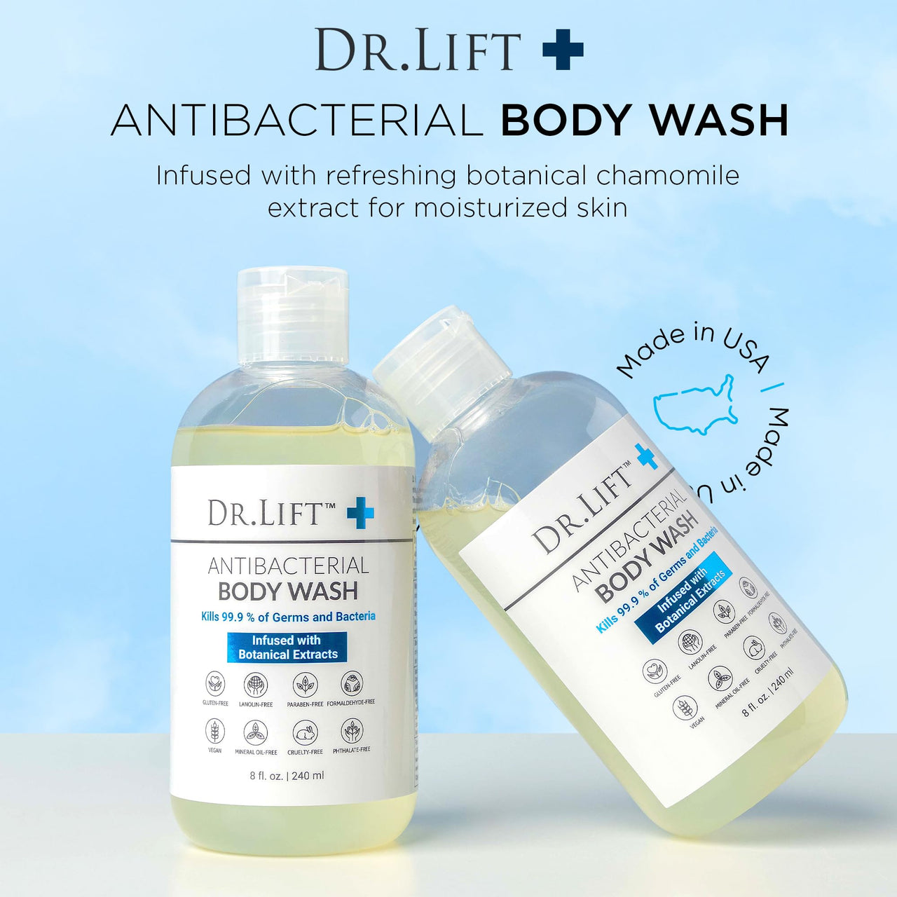 DR. LIFT Antibacterial Body Wash, Refreshing Scent, Hydrating Shower or Bath Cleanser With Citric Acid, Spirulina, and Lemon, Clean Moisturizing Formula, Vegan, Paraben and Phthalate Free, 8 Fl Oz