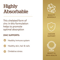 Thumbnail for Solgar Chelated Zinc, 250 Tablets - Zinc for Healthy Skin - Supports Cell Growth & DNA Formation - Exerts Antioxidant Activity - Supports A Healthy Immune System - Non GMO, Vegan - 250 Servings