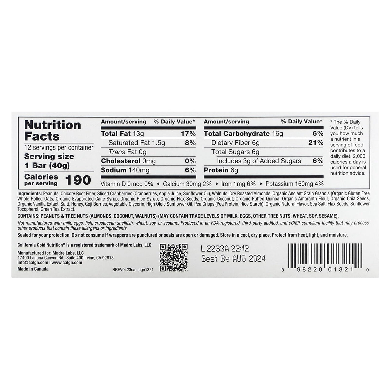 California Gold Nutrition Foods, Cranberry & Almond Chewy Granola Bars, 12 Bars, 1.4 oz (40 g) Each