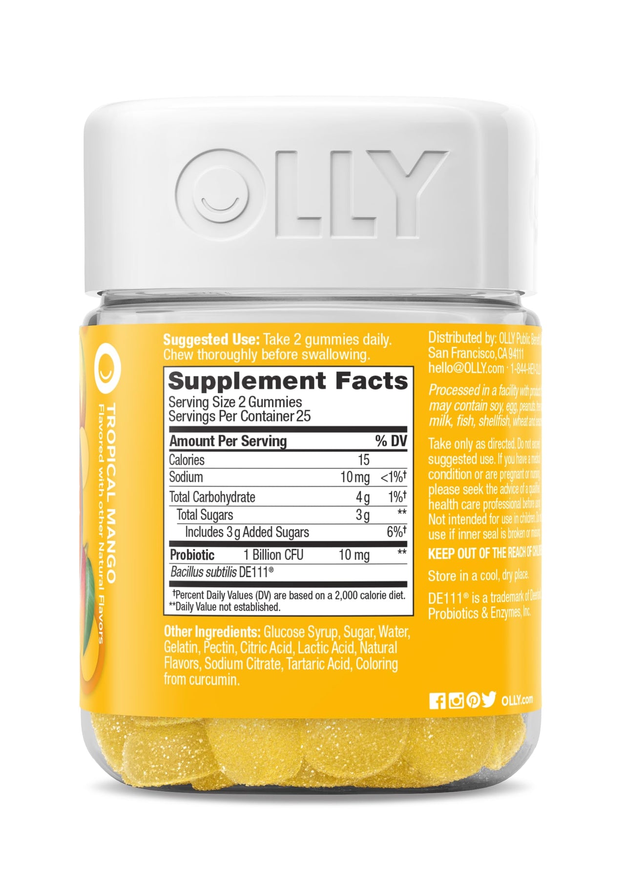 OLLY Probiotic Gummy, Immune and Digestive Support, 1 Billion CFUs, Chewable Probiotic Supplement, Mango, 25 Day Supply - 50 Count
