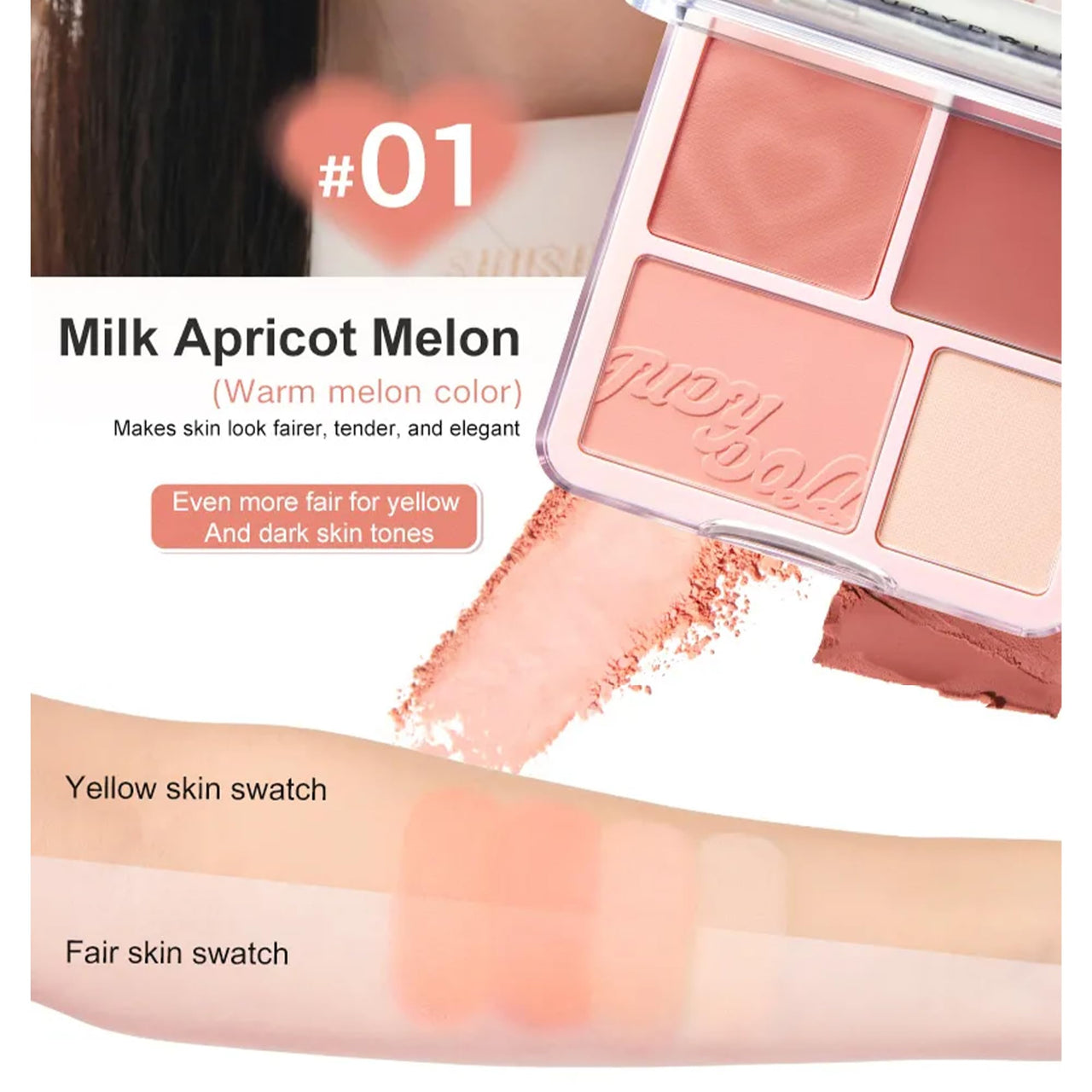 Ueuiu Judy Doll Blush Contour Palette, 2 In 1 Blush Highlight Palette, Blush and Highlighter Makeup, Non-greasy, Lasting Sparkling, Sculpt the Face Makeup (#01 Milk Apricot Melon, 9g)