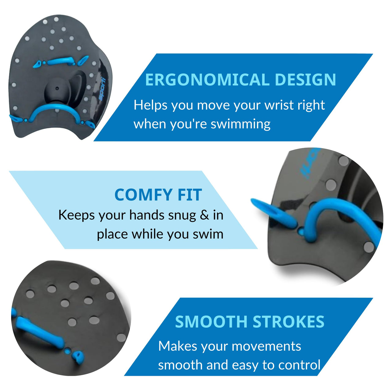 Sporti Power Swim Paddles - Swimming Training Hand Paddles - Adjustable Straps - Lap Swimming Gear (Small, Black)