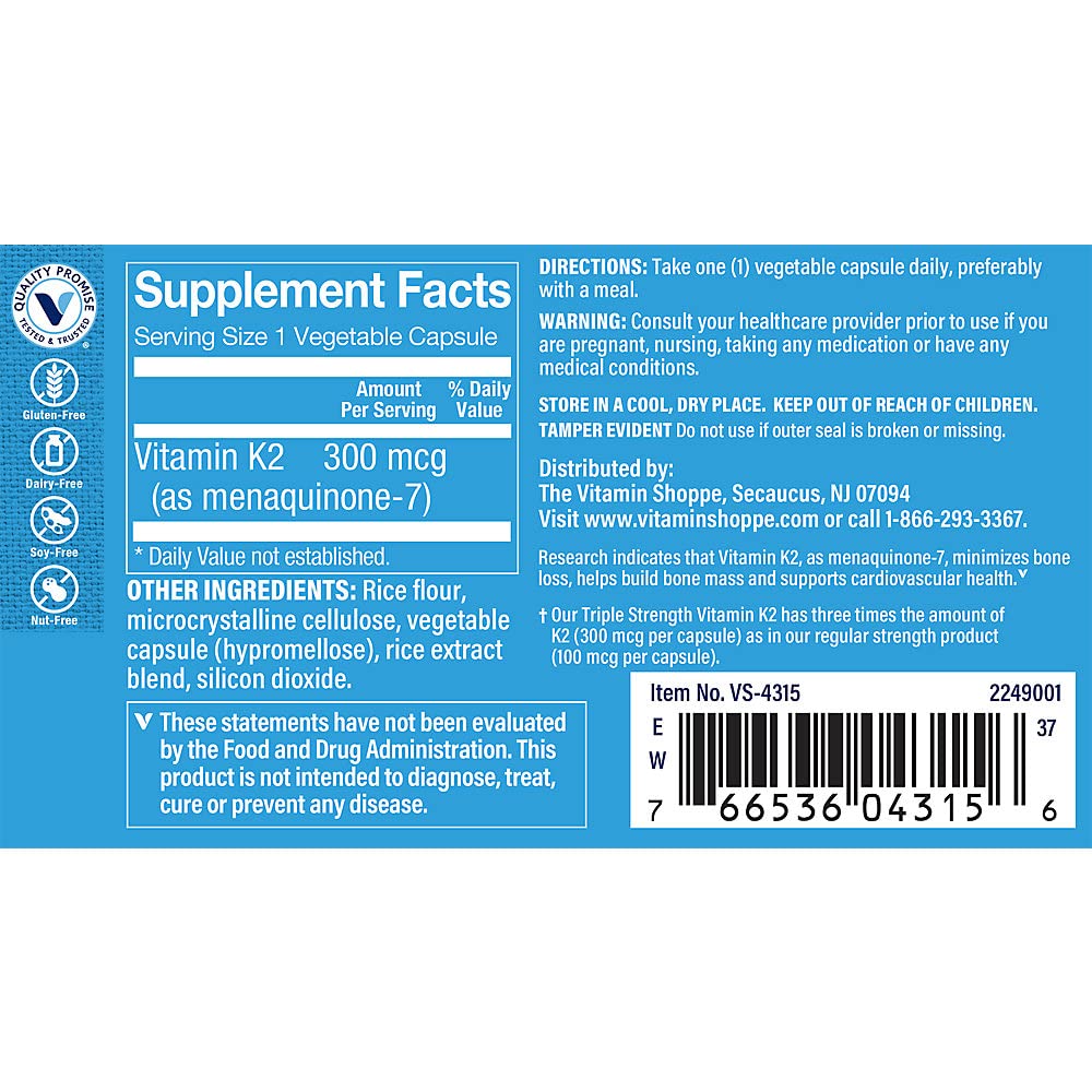 The Vitamin Shoppe Vitamin K2 MK-7 300mcg Triple Strength - Bone & Heart Health | Menaquinone-7 | 120 Vegetable Capsules | High Potency
