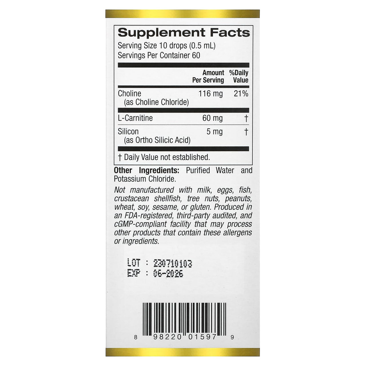 California Gold Nutrition Choline Silica Complex, Bioavailable & Stabilized Silicon with Choline & L-Carnitine, 1 fl oz (30 ml)