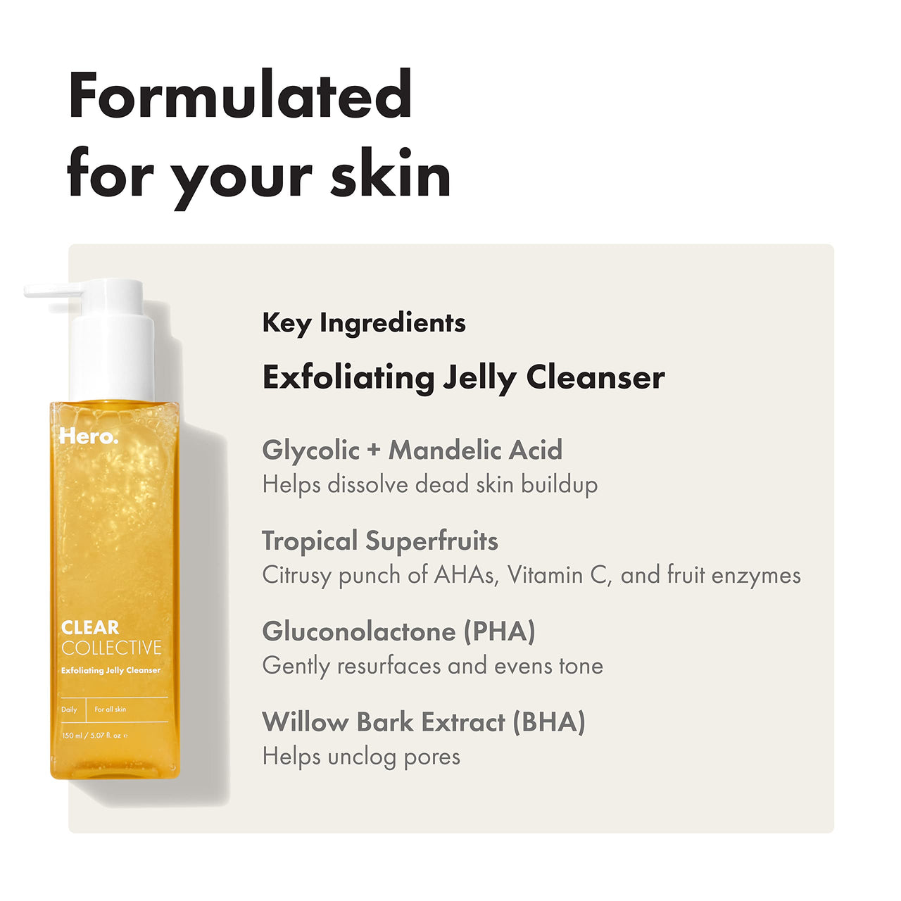 Hero Cosmetics Clear Collective Exfoliating Jelly Cleanser - Gentle Daily Foam Facial Cleanser, Removes Oil and Dead Skin, Fragrance and Paraben Free (5.07 fl oz)