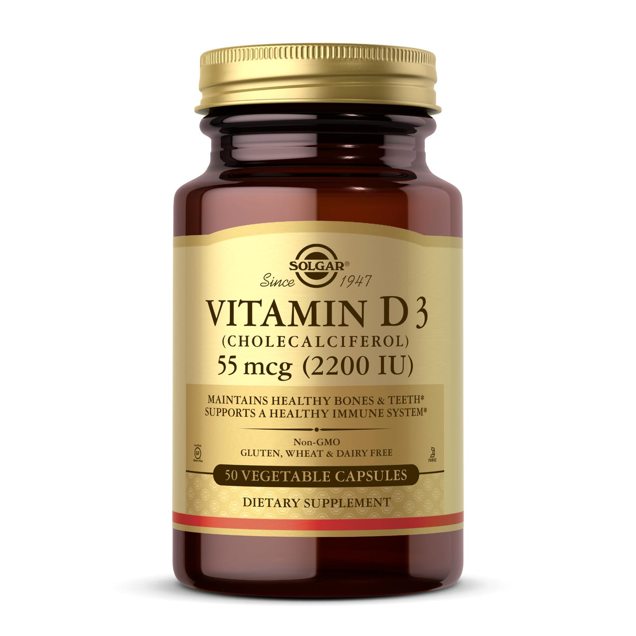 Solgar Vitamin D3 (Cholecalciferol) 55 mcg (2200 IU), 50 Vegetable Capsules - Helps Maintain Healthy Bones & Teeth - Immune System Support - Non-GMO, Gluten Free, Dairy Free, Kosher - 50 Servings