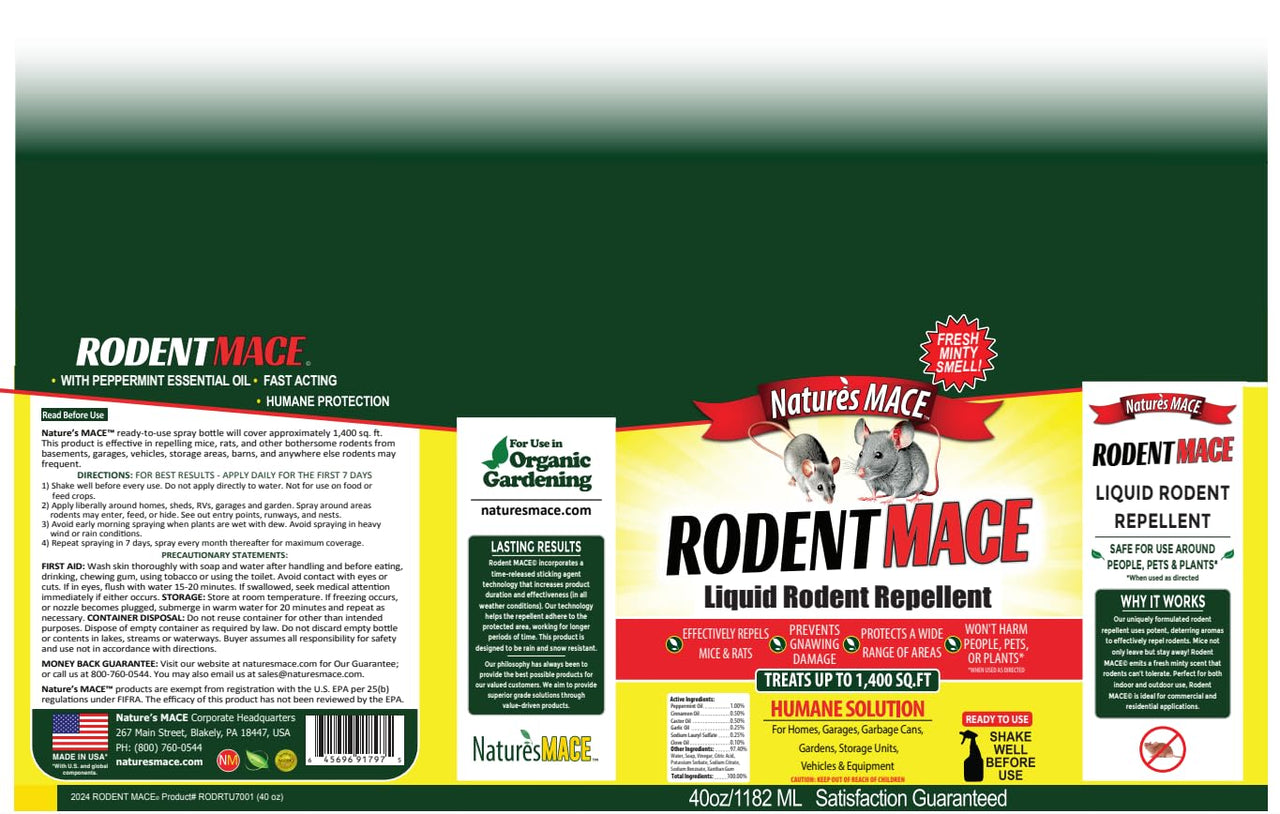 Nature's Mace Rodent Repellent Spray, Keep Mice Out, Mouse Deterrent, Indoor, Outdoor, 40 Ounce Ready-to-Use, Safe to Use Around People, Pets, Plants