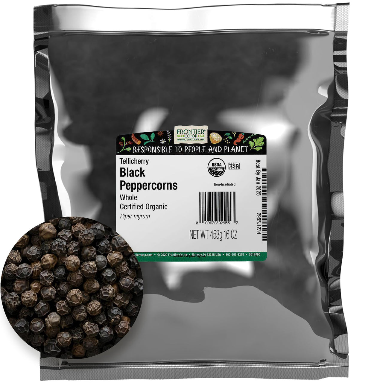 Frontier Co-op Black Peppercorns Whole, 1lb Bulk Bag - Tellicherry Black Pepper - Organic Peppercorns for Grinder Refill, Cooking, Pickling, and More | 16 Ounce (Pack of 1)