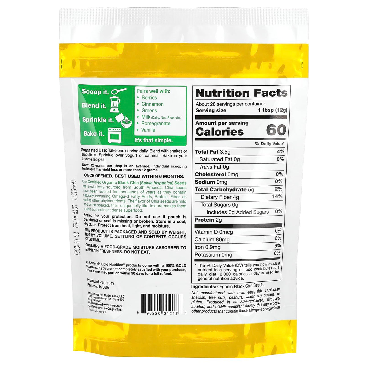 California Gold Nutrition Superfoods, Organic Chia Seeds, 12 oz (340 g)