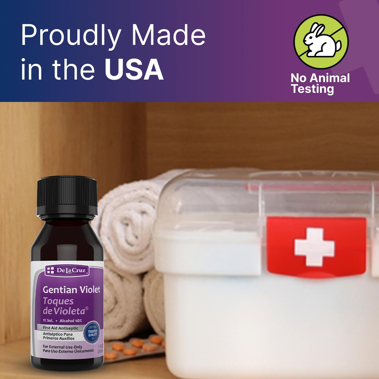 De La Cruz Gentian Violet - Violeta de Genciana 1% First Aid Antiseptic for cuts, scrapes and Burns, 1 FL OZ