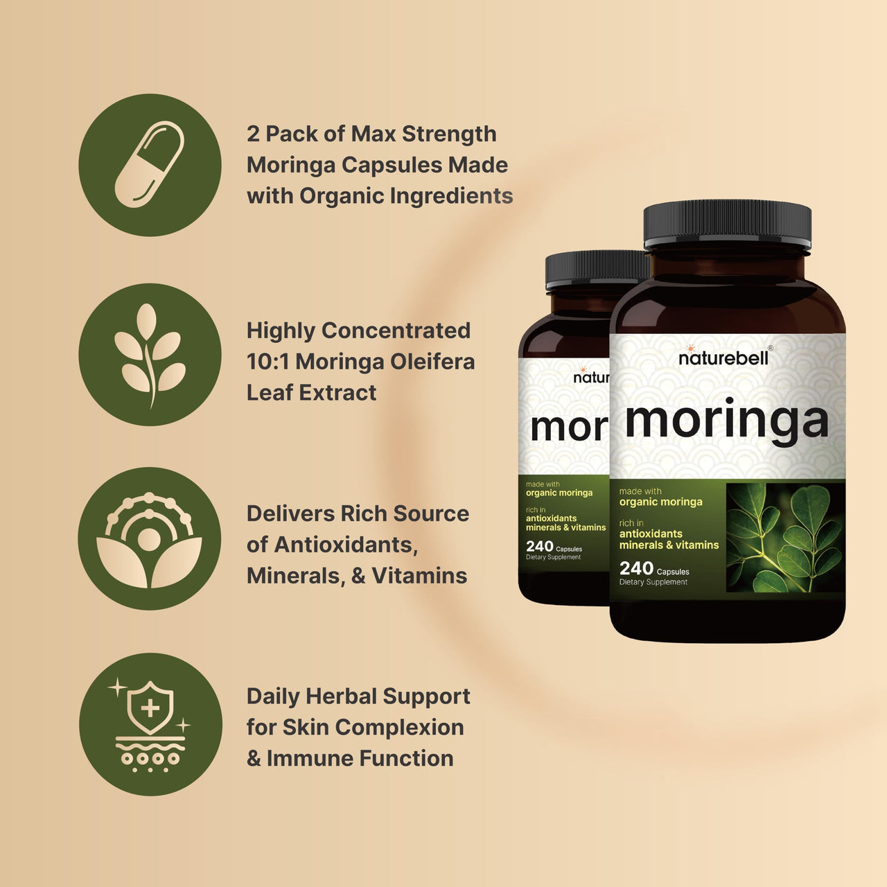 NatureBell Pure Moringa Capsules 8,000mg Per Serving (2 Pack) | Made with Moringa Powder Organic, 480 Capsules – Green Superfood, Skin Health, & Immune Support – Non-GMO, Gluten Free, 8 Month Supply