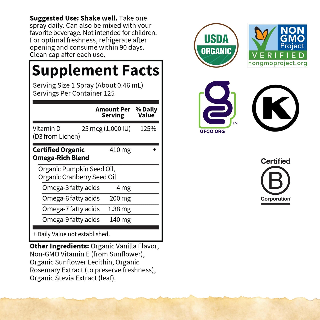 Garden of Life Organics Vegan Vitamin D3 for Women and Men, Liquid 1000 IU Per Spray, D3 Plus Omegas - Vanilla Flavor - 125 Servings - 2fl oz Liquid Whole Food Vitamin Supplement