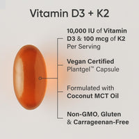 Thumbnail for Sports Research® Vitamin D3 + K2 with 10,000iu of Plant-Based D3 & 100mcg of Vitamin K2 as MK-7 | Non-GMO Verified & Vegan Certified 60ct