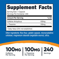 Thumbnail for Nutricost Caffeine with L-Theanine, 100mg of Each, 240 Capsules, 240 Servings - Non-GMO and Gluten Free