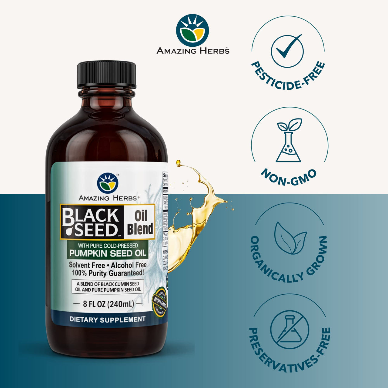 Amazing Herbs Black Seed and Pumpkin Seed Cold-Pressed Oil Blend - Gluten-Free, No Preservatives, High in Omega 3, 6, & 9, Improves Immune Respones & Promotes Digestive Health - 8 Fl Oz