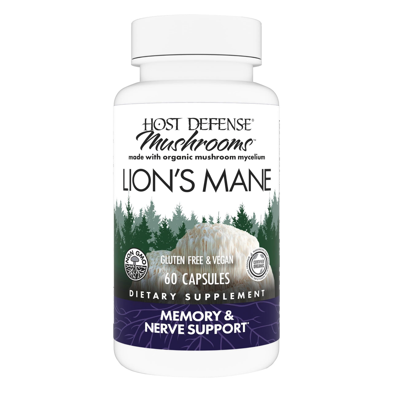 Host Defense Mushrooms Lion's Mane - Supplement Capsules for Brain Health Support - Mushroom Support for Focus & Memory Function - Immune & Nervous System Supplement - 60 Capsules (30 Servings)*