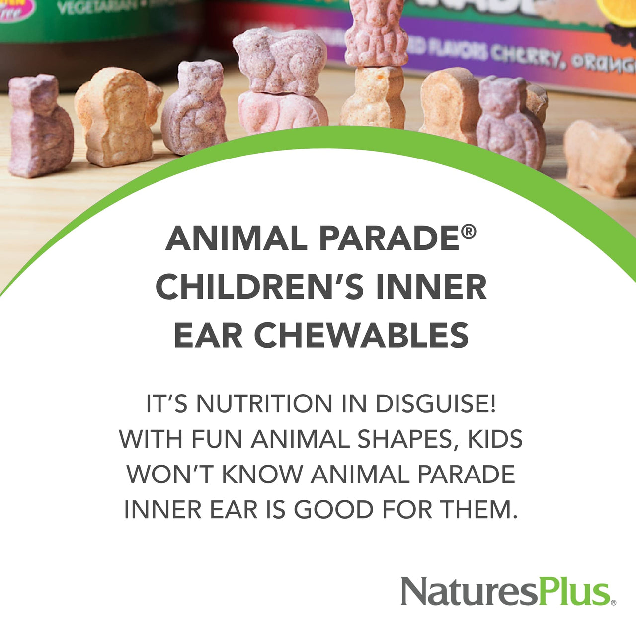 NaturesPlus Animal Parade Inner Ear Support Children’s Chewable - Natural Cherry Flavor - 90 Animal-Shaped Tablets - Probiotic Supplement - Gluten Free - 45 Servings