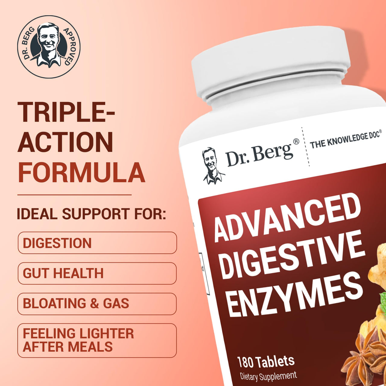 Dr. Berg Advanced Digestive Enzymes with Apple Cider Vinegar - Includes Digestive Health Ingredients Like Betaine Hydrochloride (HCI), Ginger Root & Peppermint Leaf - 180 Tablets