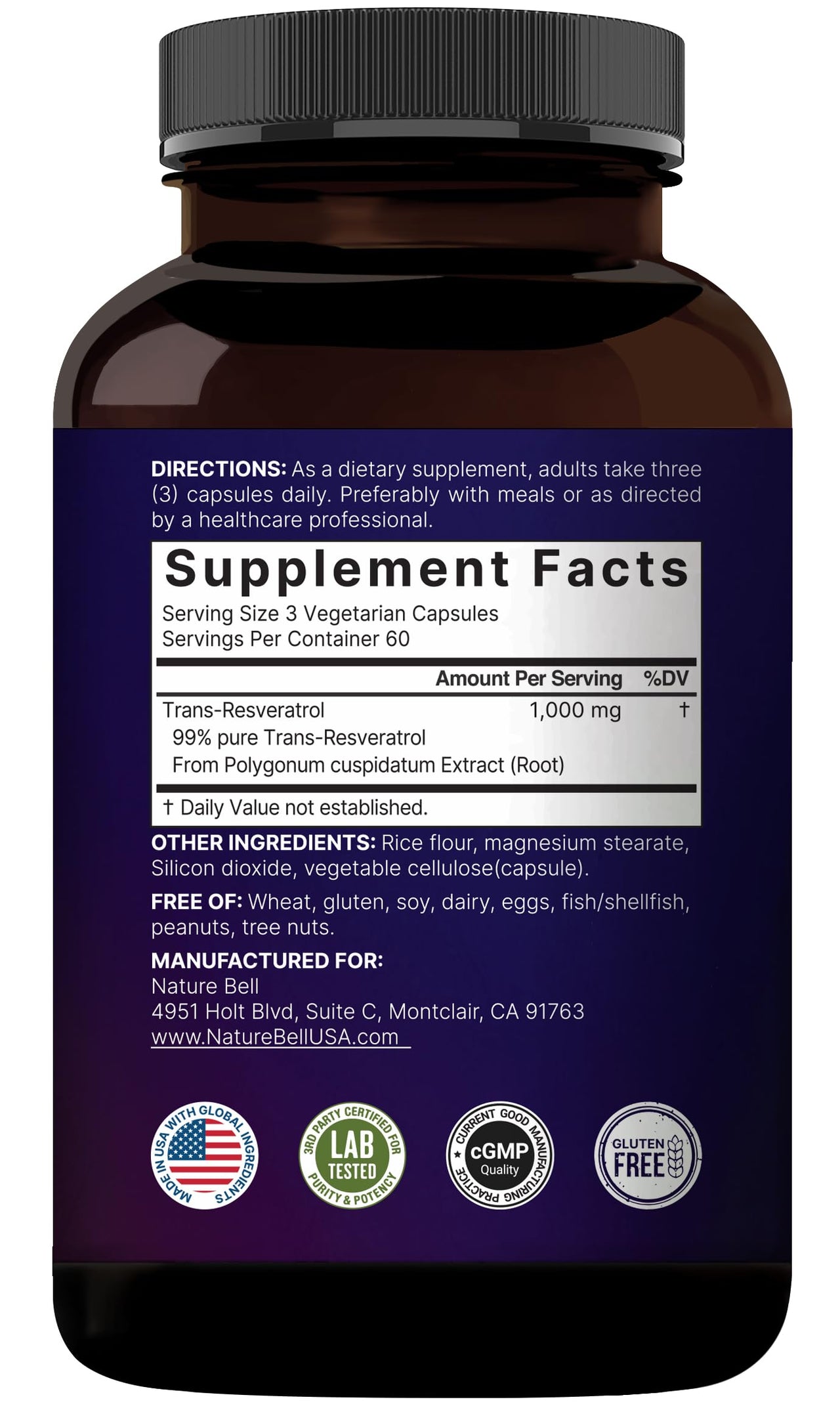 NatureBell Resveratrol - 180 Vegetarian Capsules - 1,000mg Polygonum Cuspidatum Extract - Antioxidant Support - Heart, Brain & Immune Wellness*