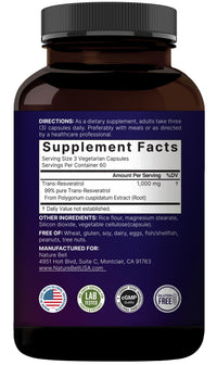 Thumbnail for NatureBell Resveratrol - 180 Vegetarian Capsules - 1,000mg Polygonum Cuspidatum Extract - Antioxidant Support - Heart, Brain & Immune Wellness*