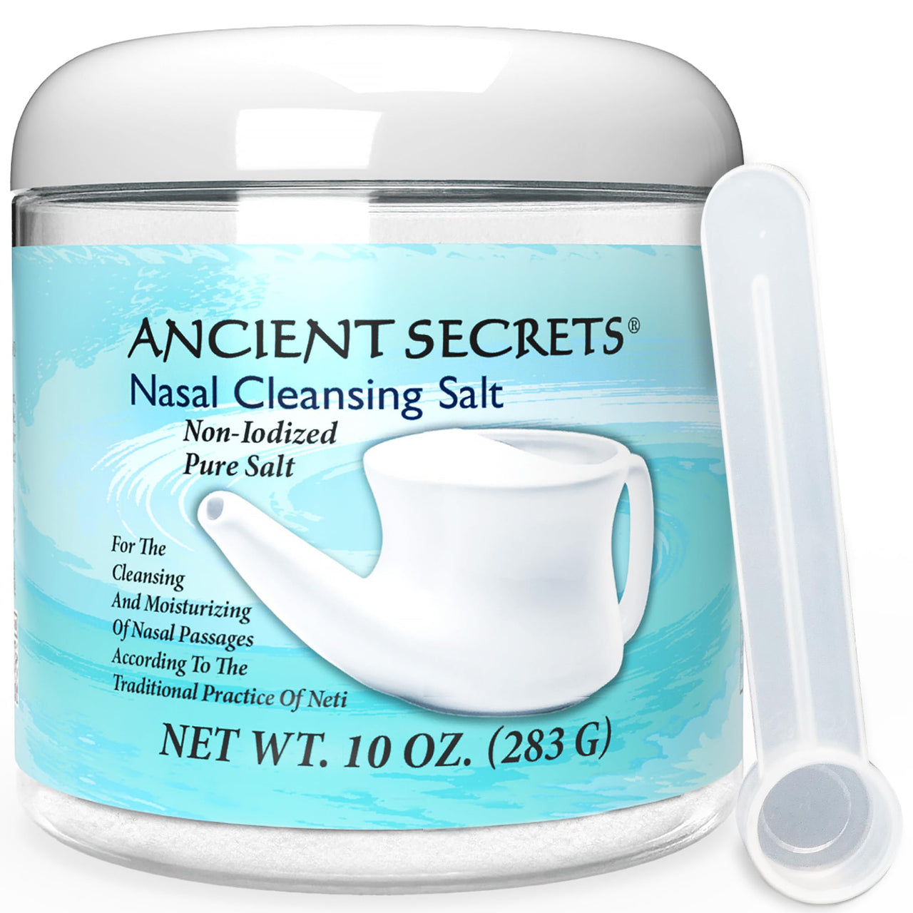 Ancient Secrets Nasal Cleansing Salt, Non-Iodized â€“ USP-Grade Sodium Chloride for Any Neti Pot, Sinus Irrigation System, 10 Oz + Single-Use Travel Pack