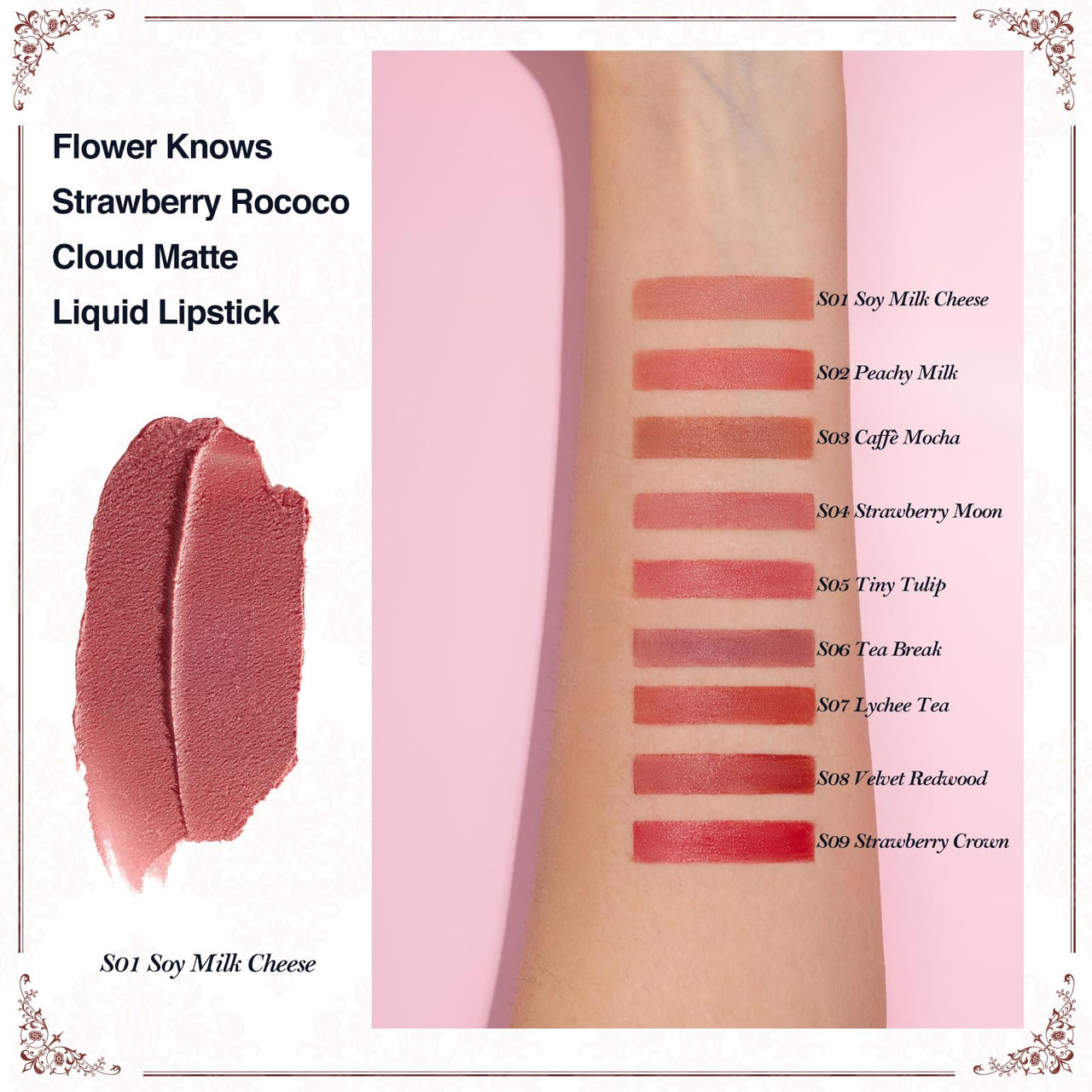 Flower Knows Strawberry Rococo Cloud Lip Cream,Long Lasting Dusty Pink Matte Lipstick,Hydrating Lip Stain,Transfer & Smudge Proof Velvet Liquid Lipstick for Girls&Women,0.12 Fl Oz(S01 Soy Milk Cheese)